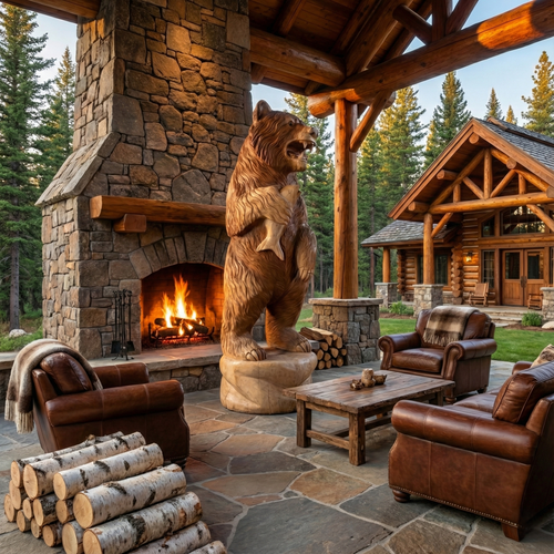 Hand carved Alaskan grizzly bear sculpture made from solid suar wood